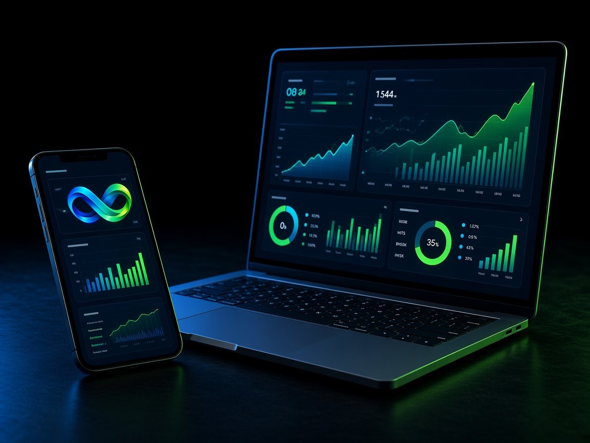 Phone and laptop showing a dark business dashboard