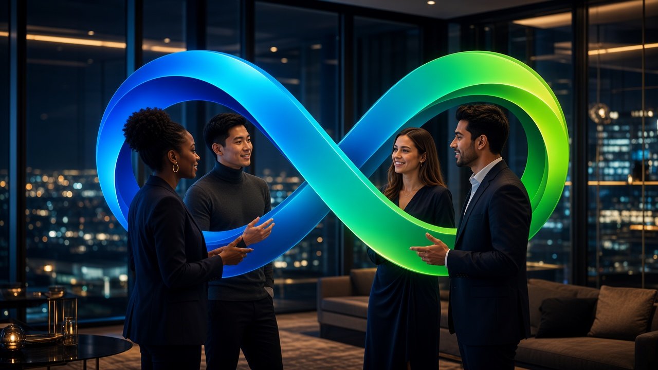 People gathered under a blue and green infinity light