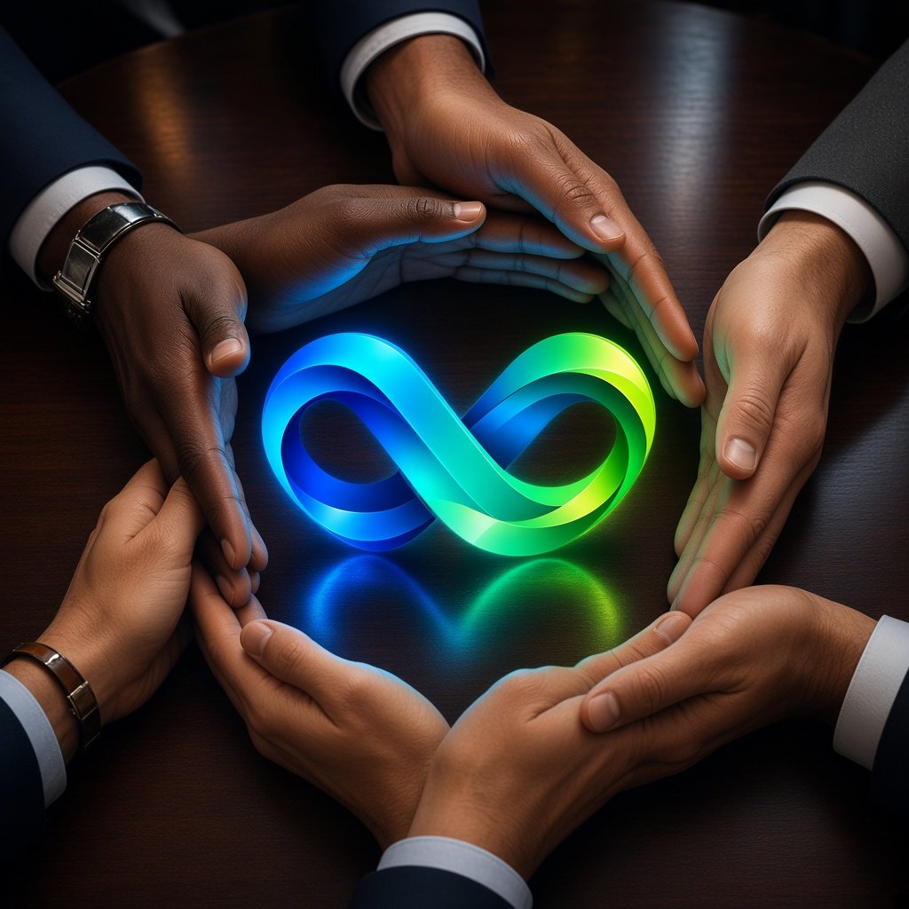 People joining hands around a light on a table